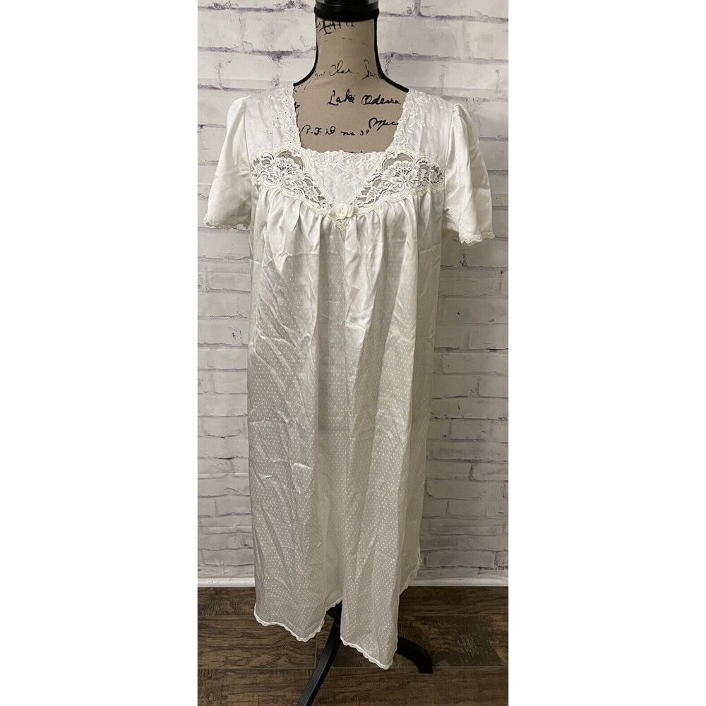 Miss Elaine Vintage Satin Lace Night Gown USA Union Made Size Med Ivory